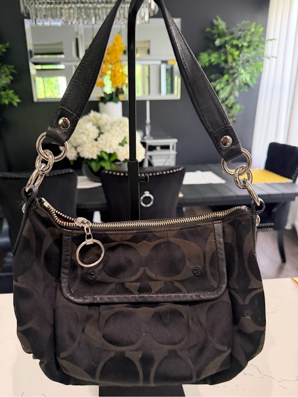 Coach Poppy Black Signature Jacquard Shoulder Bag with Silver Hardware